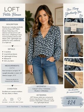 LOFT Light Blue and Black Leopard Print V-Neck Blouse